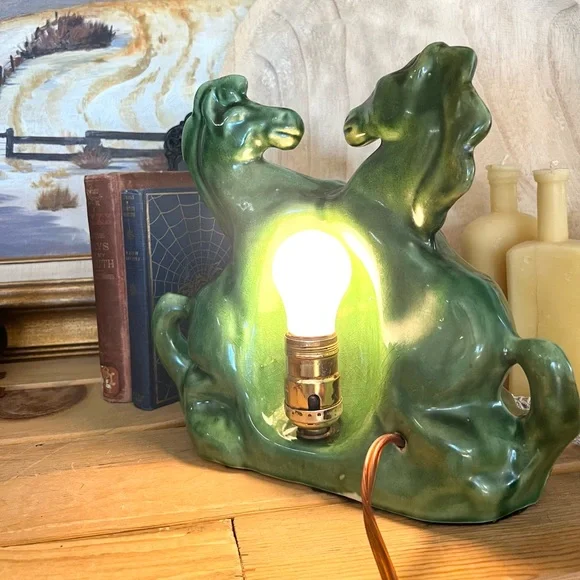 MID Century vintage jade green ceramic horse TV lamp WORKS! Stunning Color - Picture 6 of 6
